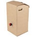 A brown cardboard box with a red handle and a red tap containing 10 Sabert 3 gallon beverage dispensers.