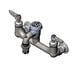 A grey T&S wall mount service sink faucet with two metal knobs.