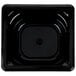 A black square Vollrath plastic food pan with a hole in the middle.
