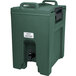 A green plastic Cambro Ultra Camtainer insulated beverage dispenser with a handle.