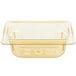 A Vollrath high heat amber plastic food pan with a clear lid.