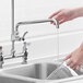 A chrome Waterloo pre-rinse add-on faucet with a 12-inch swing spout, 1.8 GPM aerator, and lever handles installed over a stainless steel sink.