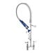 A commercial low-profile deck-mount pre-rinse faucet with a flexible hose and an add-on faucet.