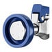 A low-profile deck-mount pre-rinse faucet with a blue and silver finish, featuring a 4-inch center and a 6-inch add-on faucet.