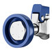 A close-up of a blue and silver low-profile wall-mount pre-rinse faucet component.