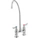 A chrome deck-mount faucet with a 10-inch gooseneck spout, 4-inch centers, and lever handles for hot and cold water.