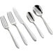A five-piece set of Acopa Remy 18/8 stainless steel extra heavy weight flatware including two forks, a knife, and two spoons.