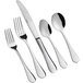 A five-piece set of stainless steel flatware including two forks, a knife, and two spoons.