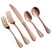 A five-piece set of rose gold stainless steel flatware including two forks, a knife, and two spoons.