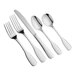 A five-piece set of stainless steel flatware including two forks, a knife, and two spoons.