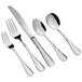 A five-piece set of stainless steel flatware with textured handles, including two forks, a knife, and two spoons.