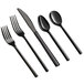 A five-piece set of black stainless steel flatware including two forks, a knife, and two spoons.