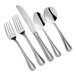 A five-piece set of stainless steel flatware including two forks, a knife, and two spoons.