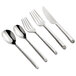 A five-piece set of stainless steel flatware with textured handles, including two spoons, two forks, and a knife.