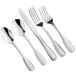 A five-piece set of stainless steel flatware including two forks, two spoons, and a knife.
