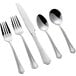 A five-piece set of stainless steel flatware including two forks, a knife, and two spoons.