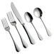 A five-piece set of stainless steel flatware including two forks, a knife, and two spoons.