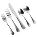 A five-piece set of stainless steel flatware with textured handles, including two forks, a knife, and two spoons.