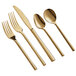 A five-piece set of gold-colored stainless steel flatware including two forks, a knife, and two spoons.