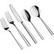 A five-piece set of stainless steel flatware including two forks, a knife, and two spoons.