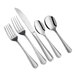 A five-piece set of stainless steel flatware including two forks, a knife, and two spoons.