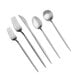 A five-piece set of brushed stainless steel flatware including two forks, a knife, and two spoons.