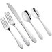 A five-piece set of stainless steel flatware including two forks, a knife, and two spoons with decorative handles.