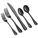 A five-piece set of black stainless steel flatware including two forks, a knife, and two spoons.