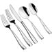 A five-piece set of polished stainless steel flatware including two forks, a knife, and two spoons.