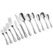 A set of five pieces of stainless steel flatware including forks, knives, and spoons.