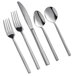 A five-piece set of stainless steel flatware including two forks, a knife, and two spoons.