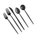 A five-piece set of black brushed stainless steel flatware including two forks, a knife, and two spoons.