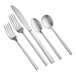 A five-piece set of satin-finish stainless steel flatware including two forks, a knife, and two spoons.