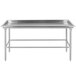 A silver rectangular stainless steel table with a long shelf.