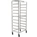 An Advance Tabco white metal sheet pan rack with wheels.