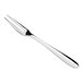 A stainless steel escargot fork with two tines and a polished finish.