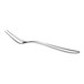 A stainless steel escargot fork with two tines and a curved handle.