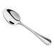 A stainless steel dinner or dessert spoon with a beaded edge design.