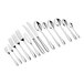 A set of stainless steel flatware including forks, knives, and spoons arranged in a row.