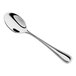 A stainless steel dessert spoon with a simple, polished design.