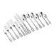 A set of stainless steel flatware including forks, knives, and spoons arranged in a row.