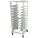 A white metal Advance Tabco sheet pan rack with 10 shelves on wheels.