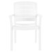 A Grosfillex Acadia white stacking resin armchair with armrests.