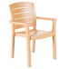 A Grosfillex tan plastic chair with armrests.