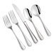 A five-piece set of stainless steel flatware including two forks, a knife, and two spoons.
