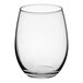 A clear, stemless wine glass with a 15 oz. capacity.