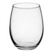 A clear, stemless wine glass with a 15 oz. capacity.