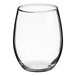 A clear, stemless wine glass with a rounded shape and a 12 oz. capacity.