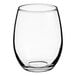 A clear, stemless wine glass with a rounded shape and a 9 oz. capacity.