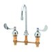 A chrome T&S deck-mount faucet with two handles.
